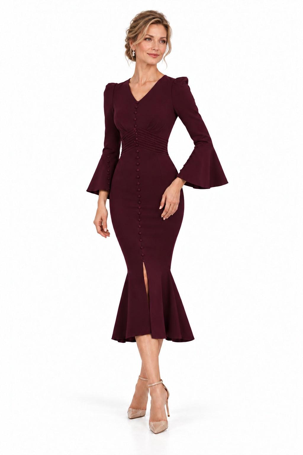 Trumpet-Mermaid Tea Length Elastic Cloth Mother of the Bride Dress CM0521 - Wine - COCOMELODY